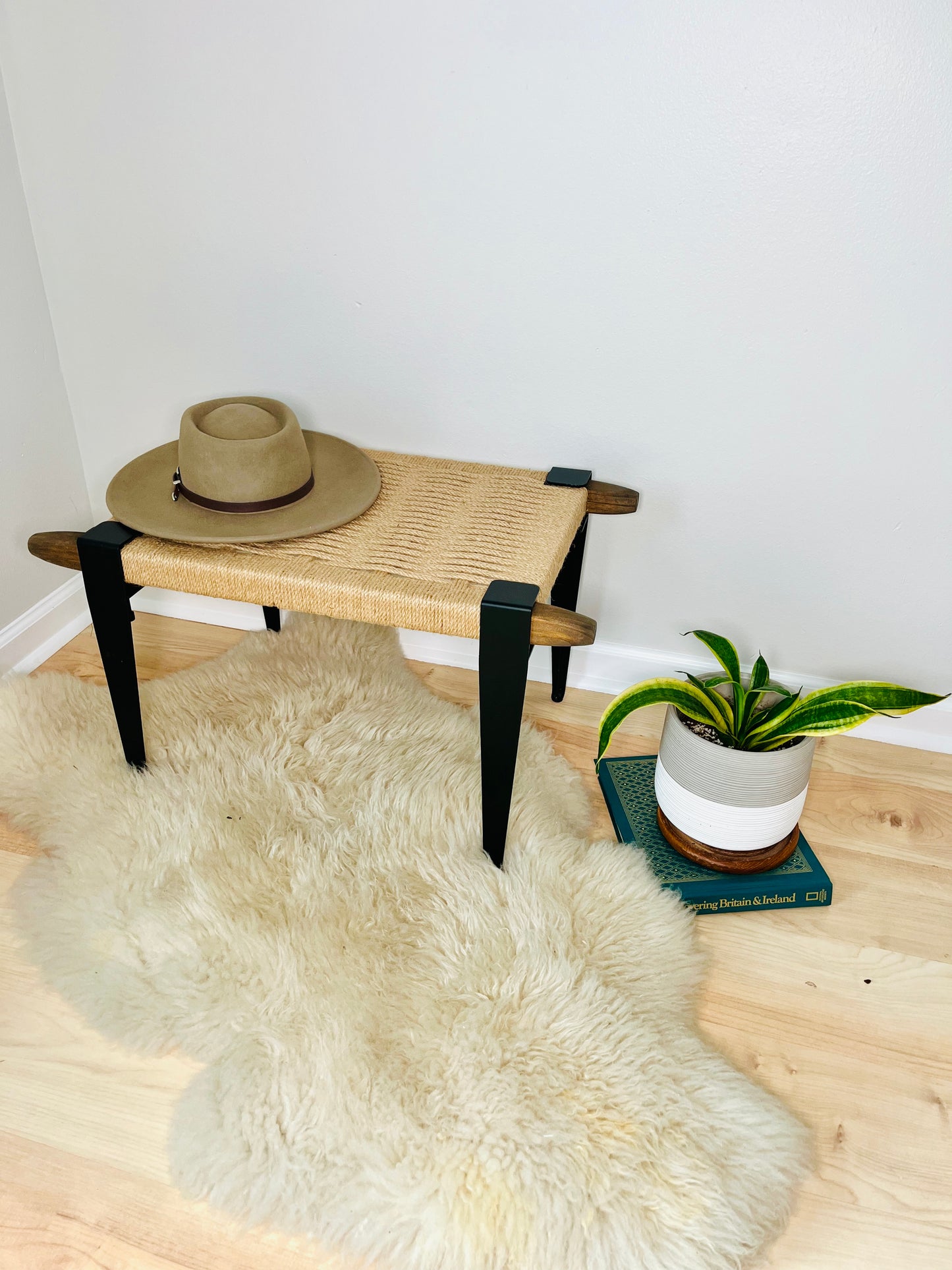Mid Century Bench | Custom Size Woven Entryway Seating With Matte Black Legs