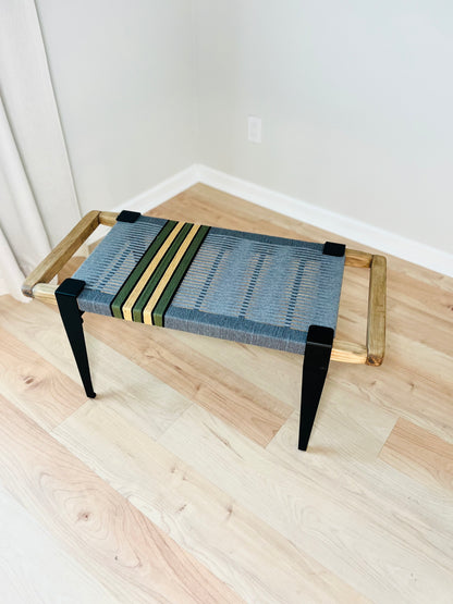 Mid Century Bench | Custom Size Woven Entryway Seating With Matte Black Legs