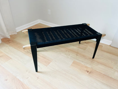 Mid Century Bench | Custom Size Woven Entryway Seating With Matte Black Legs