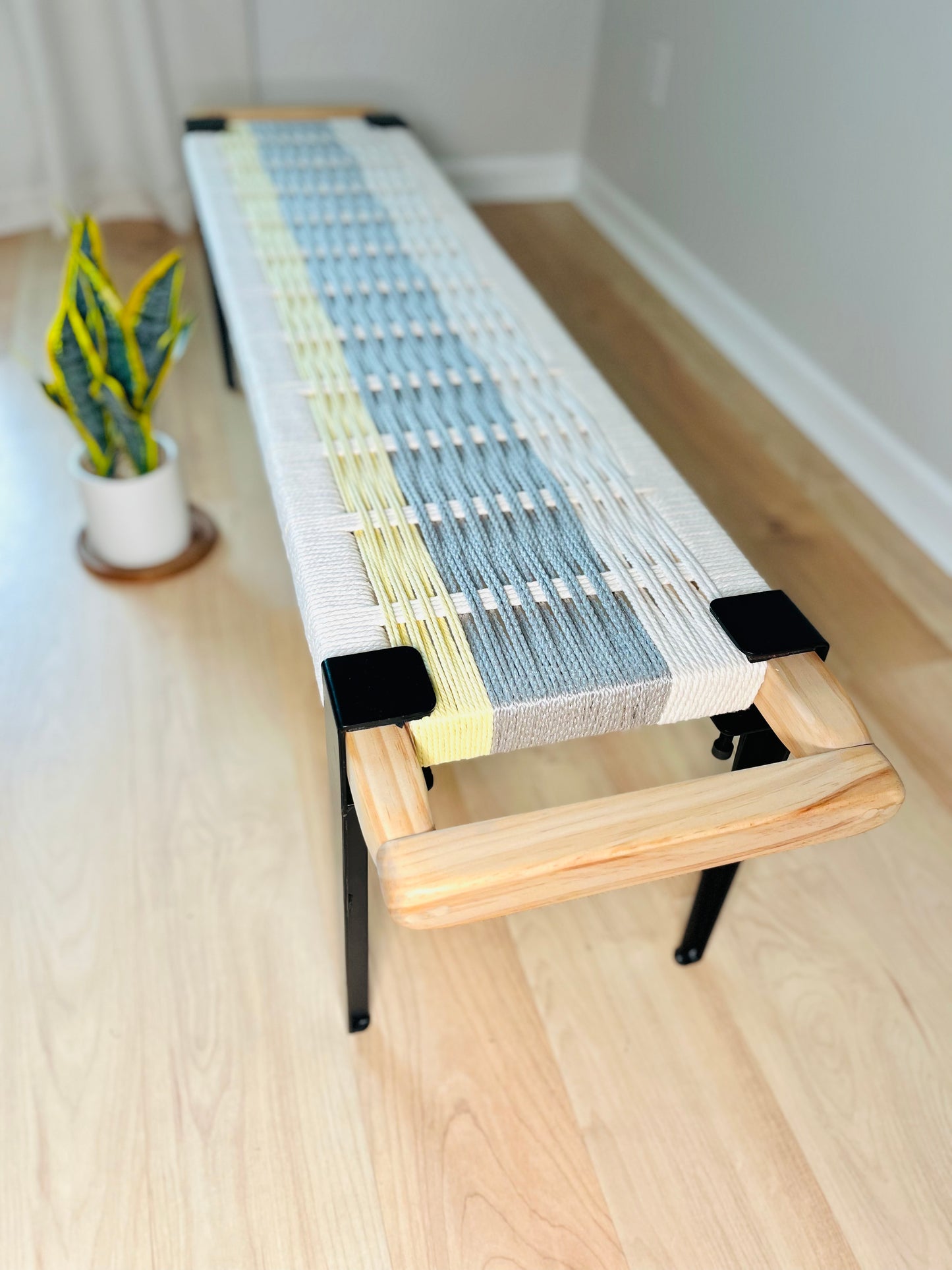Mid Century Bench | Custom Size Woven Entryway Seating With Matte Black Legs