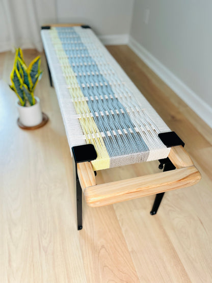 Mid Century Bench | Custom Size Woven Entryway Seating With Matte Black Legs