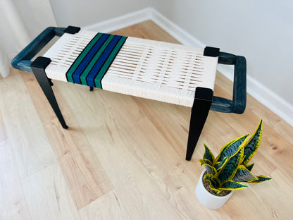 Mid Century Bench | Custom Size Woven Entryway Seating With Matte Black Legs