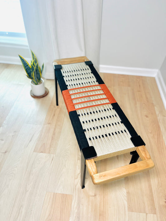 Mid Century Bench | Custom Size Woven Entryway Seating With Matte Black Legs