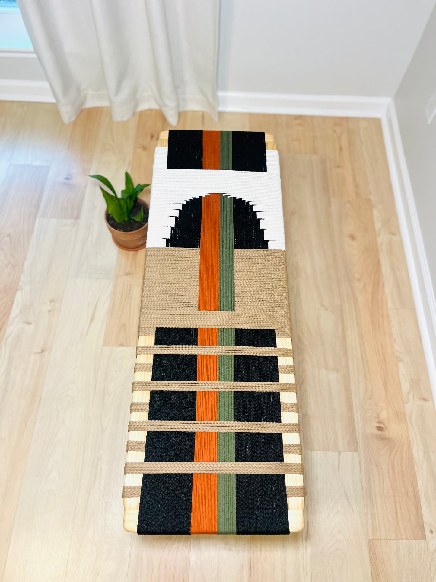 Mid Century Bench | Custom Size Woven Entryway Seating With Matte Black Legs