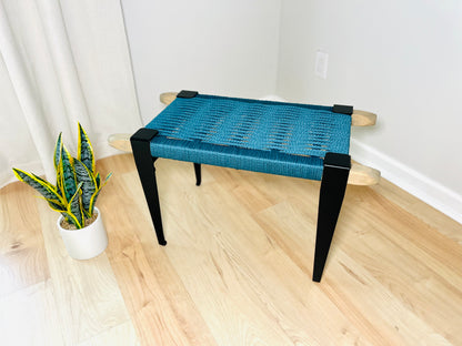 Mid Century Bench | Custom Size Woven Entryway Seating With Matte Black Legs