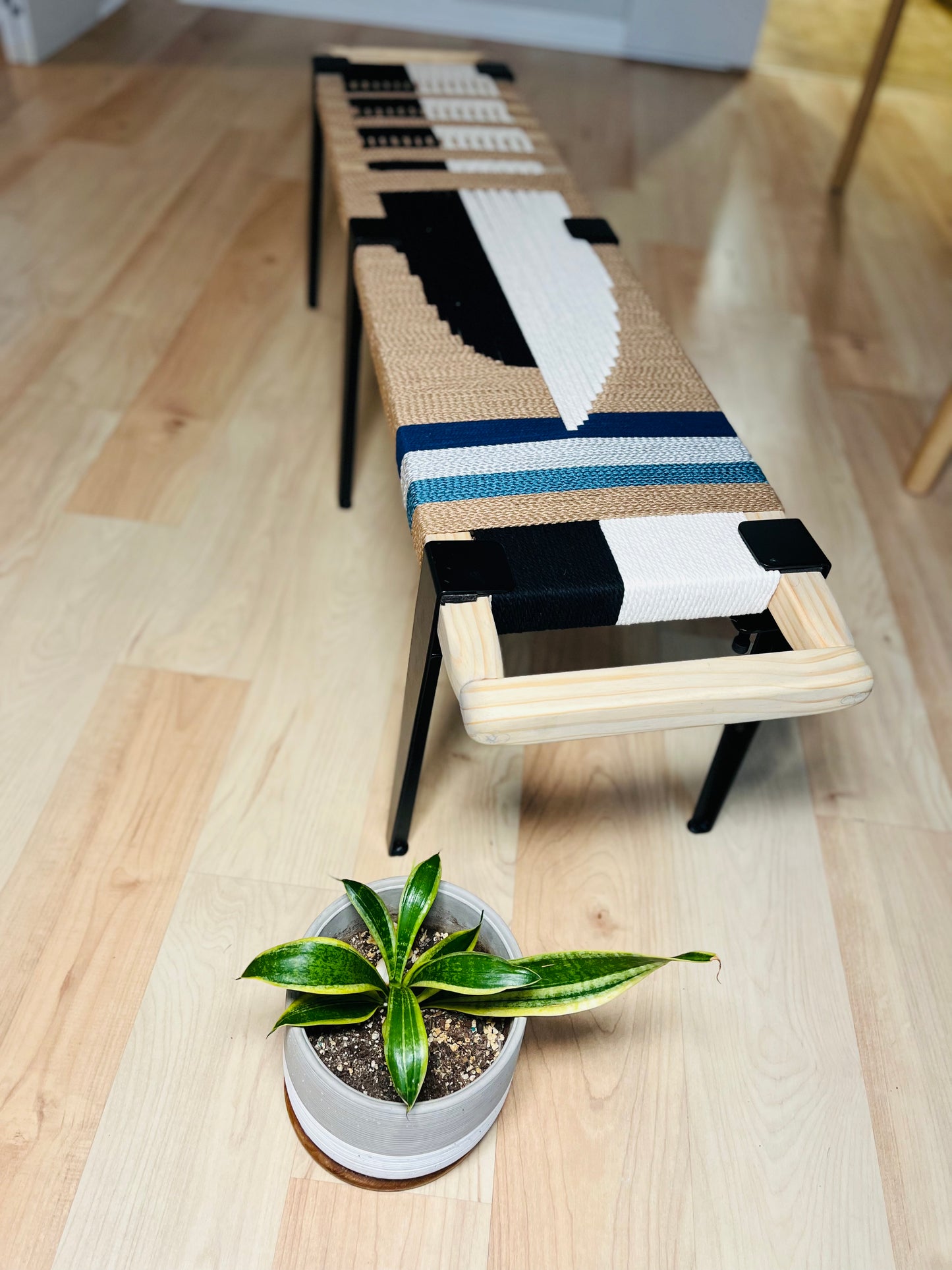 Mid Century Bench | Custom Size Woven Entryway Seating With Matte Black Legs