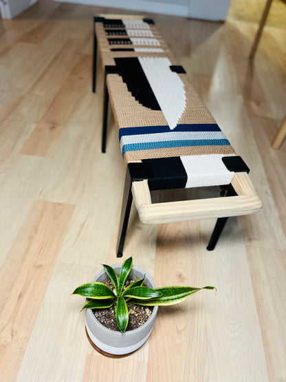 Mid Century Bench | Custom Size Woven Entryway Seating With Matte Black Legs