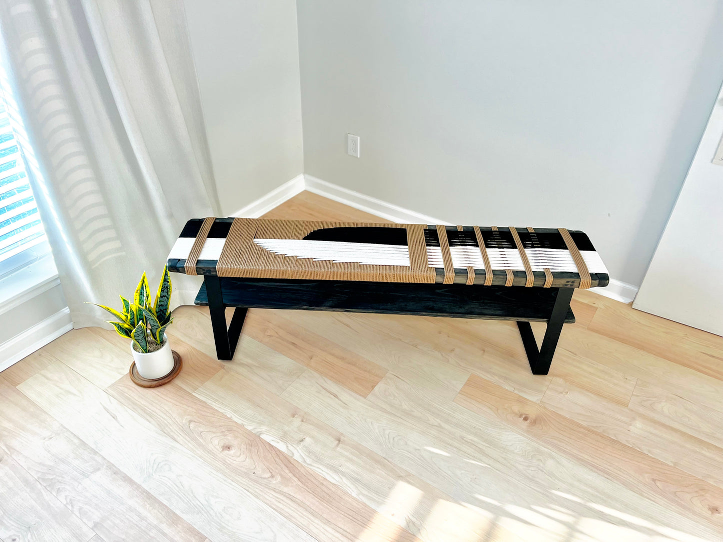Mid Century Bench | Custom Size Woven Entryway Seating With Matte Black Legs