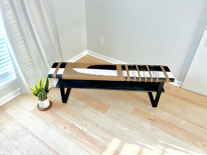 Mid Century Bench | Custom Size Woven Entryway Seating With Matte Black Legs