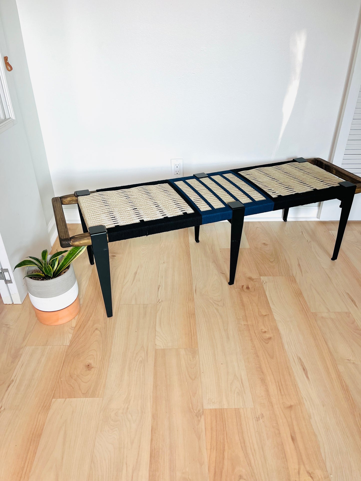 Mid Century Bench | Custom Size Woven Entryway Seating With Matte Black Legs