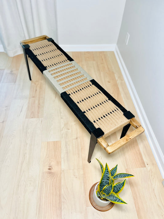 Mid Century Bench | Custom Size Woven Entryway Seating With Matte Black Legs