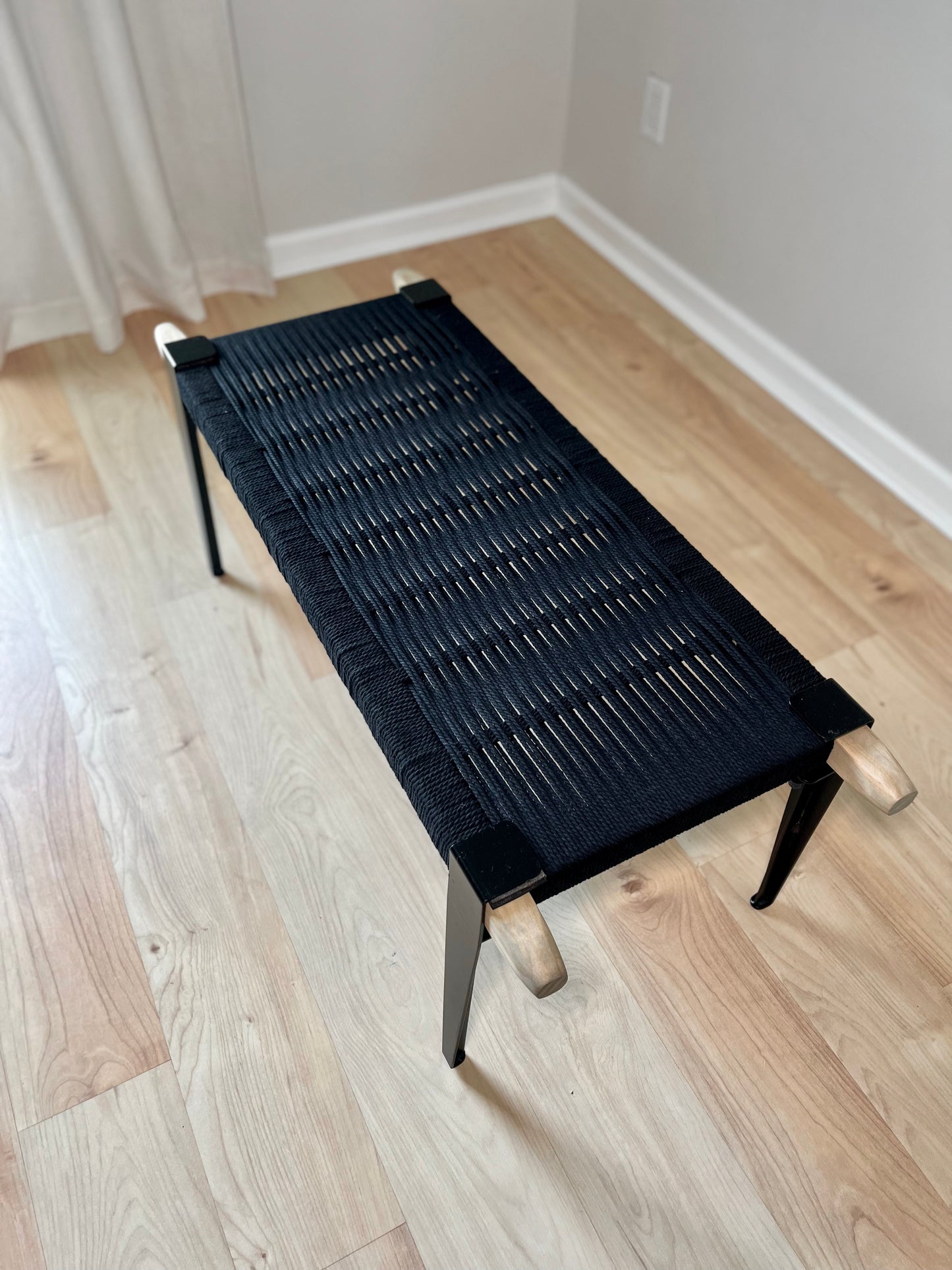 Mid Century Bench | Custom Size Woven Entryway Seating With Matte Black Legs