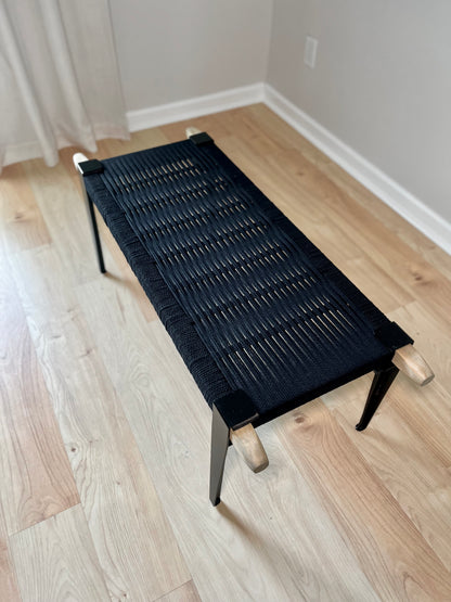 Mid Century Bench | Custom Size Woven Entryway Seating With Matte Black Legs