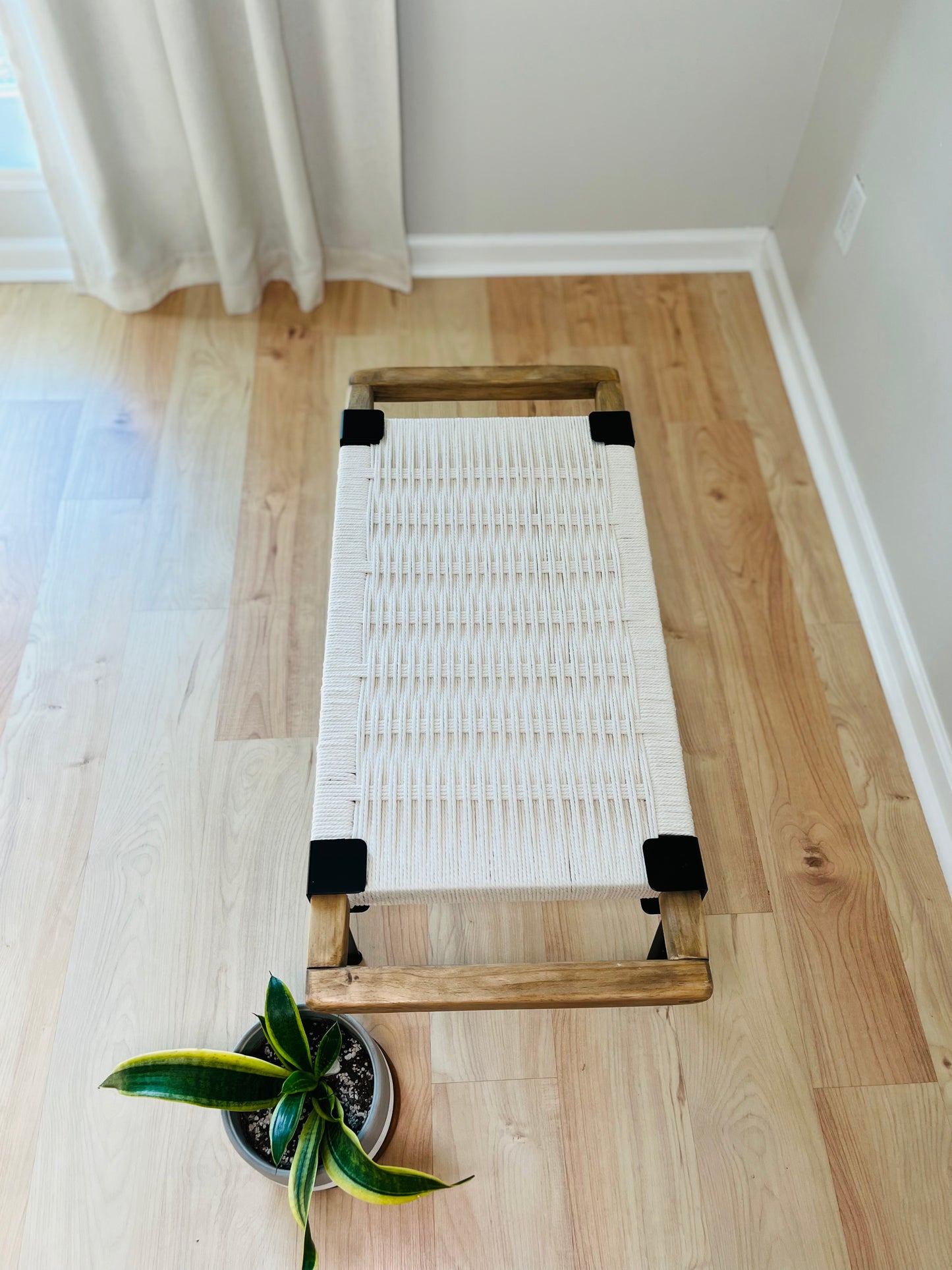 Mid Century Bench | Custom Size Woven Entryway Seating With Matte Black Legs