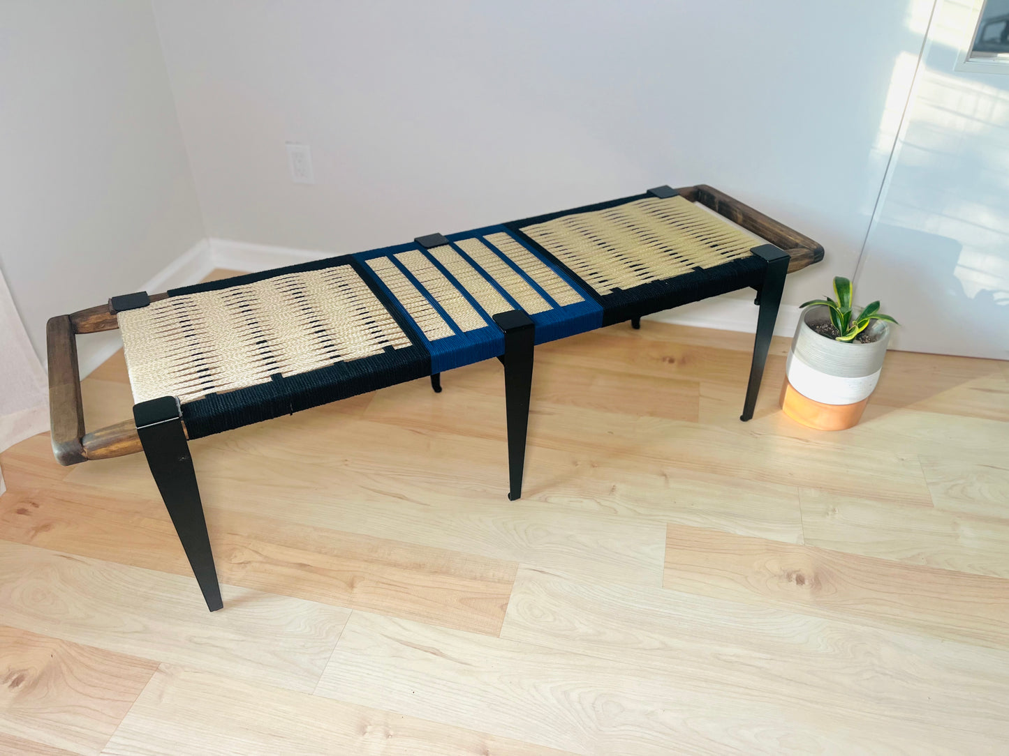 Mid Century Bench | Custom Size Woven Entryway Seating With Matte Black Legs
