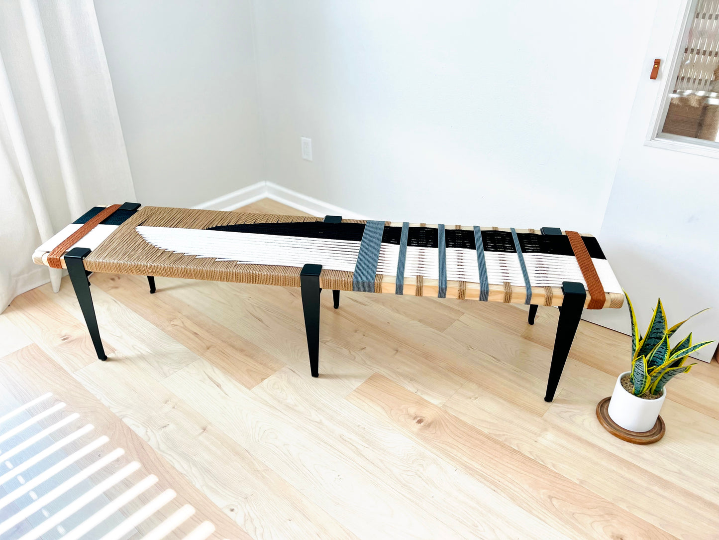Mid Century Bench | Custom Size Woven Entryway Seating With Matte Black Legs