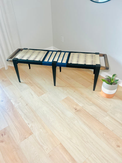 Mid Century Bench | Custom Size Woven Entryway Seating With Matte Black Legs