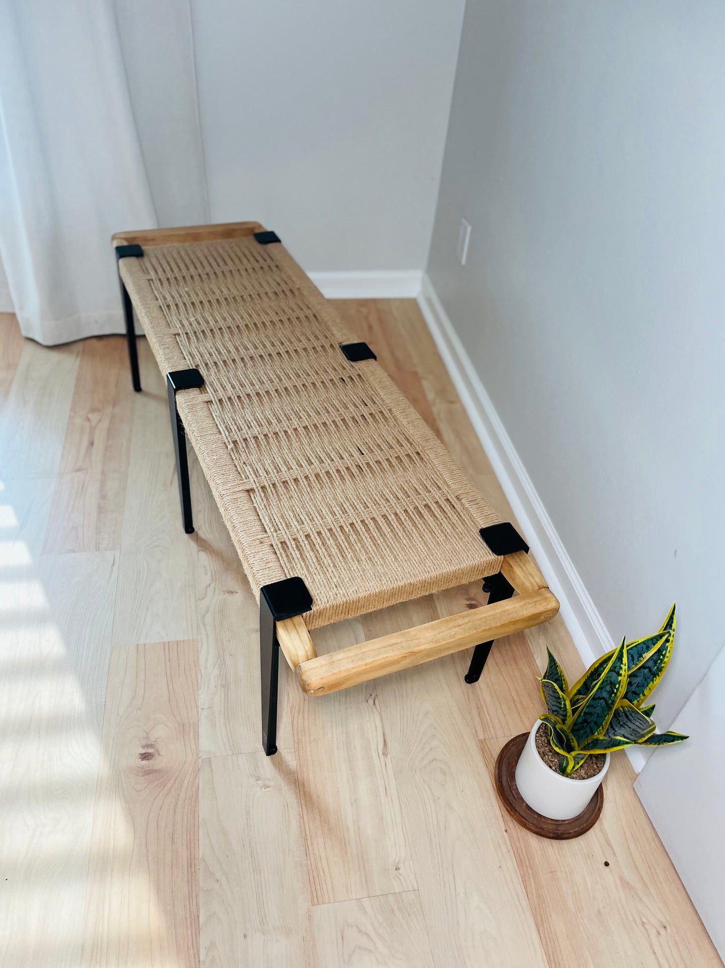 Mid Century Bench | Custom Size Woven Entryway Seating With Matte Black Legs