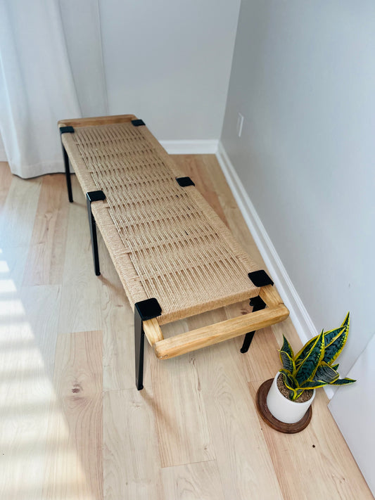 Mid Century Bench | Custom Size Woven Entryway Seating With Matte Black Legs