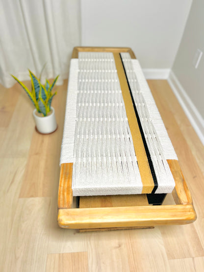 Mid Century Bench | Custom Size Woven Entryway Seating With Matte Black Legs