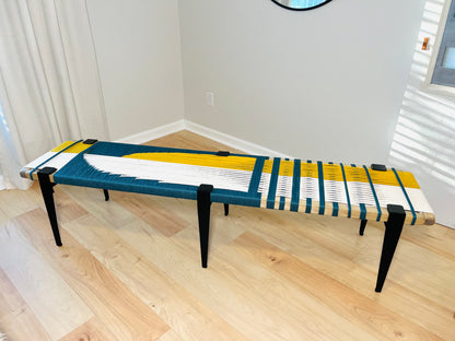 Mid Century Bench | Custom Size Woven Entryway Seating With Matte Black Legs