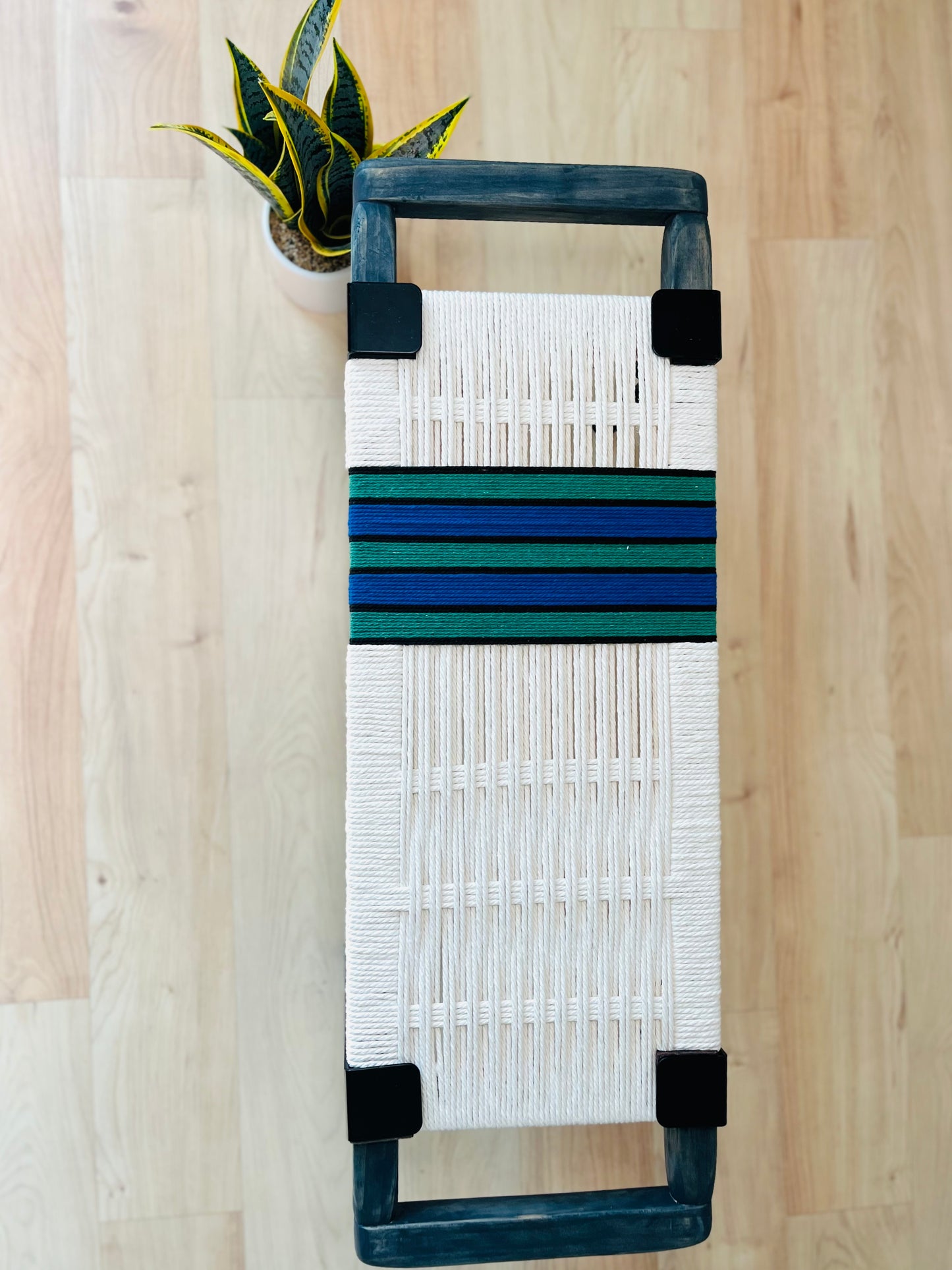 Mid Century Bench | Custom Size Woven Entryway Seating With Matte Black Legs