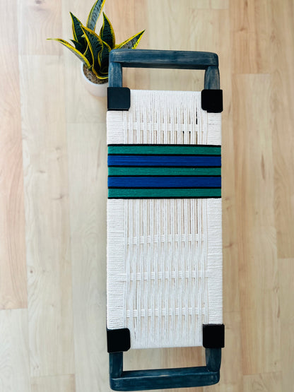 Mid Century Bench | Custom Size Woven Entryway Seating With Matte Black Legs