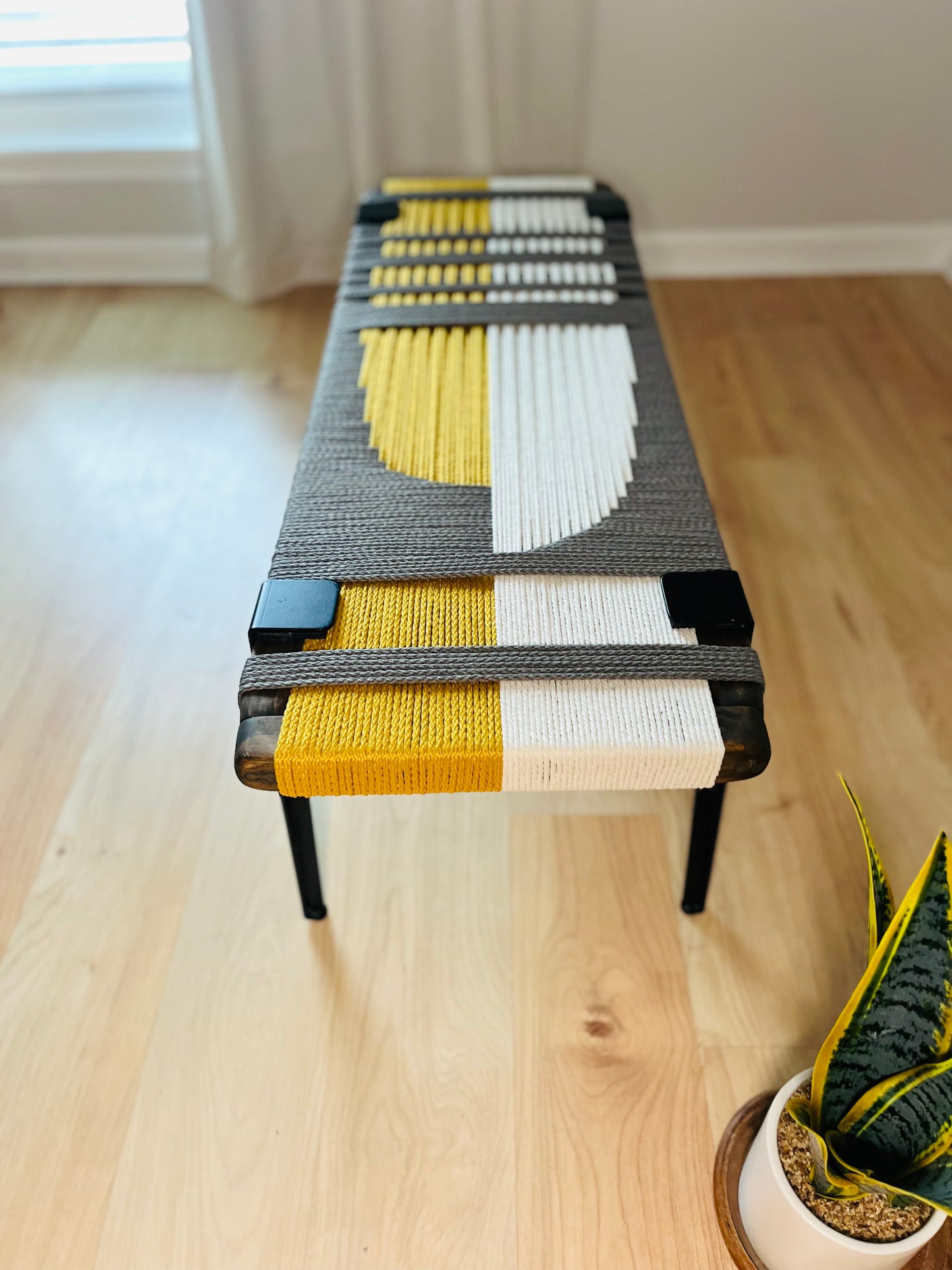 Mid Century Bench | Custom Size Woven Entryway Seating With Matte Black Legs