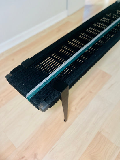 Mid Century Bench | Custom Size Woven Entryway Seating With Matte Black Legs