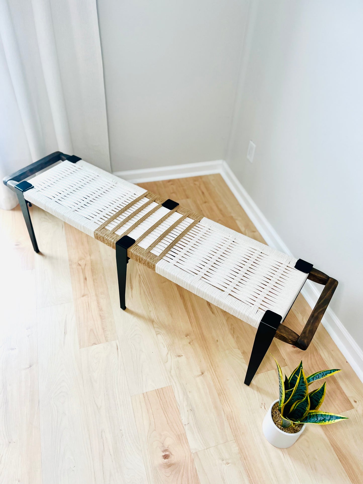 Mid Century Bench | Custom Size Woven Entryway Seating With Matte Black Legs
