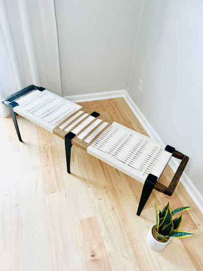 Mid Century Bench | Custom Size Woven Entryway Seating With Matte Black Legs
