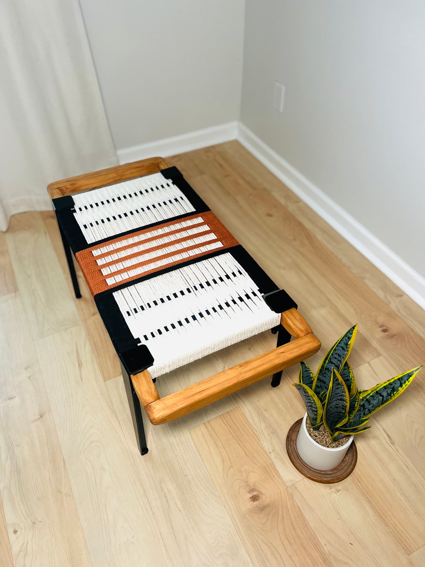 Mid Century Bench | Custom Size Woven Entryway Seating With Matte Black Legs