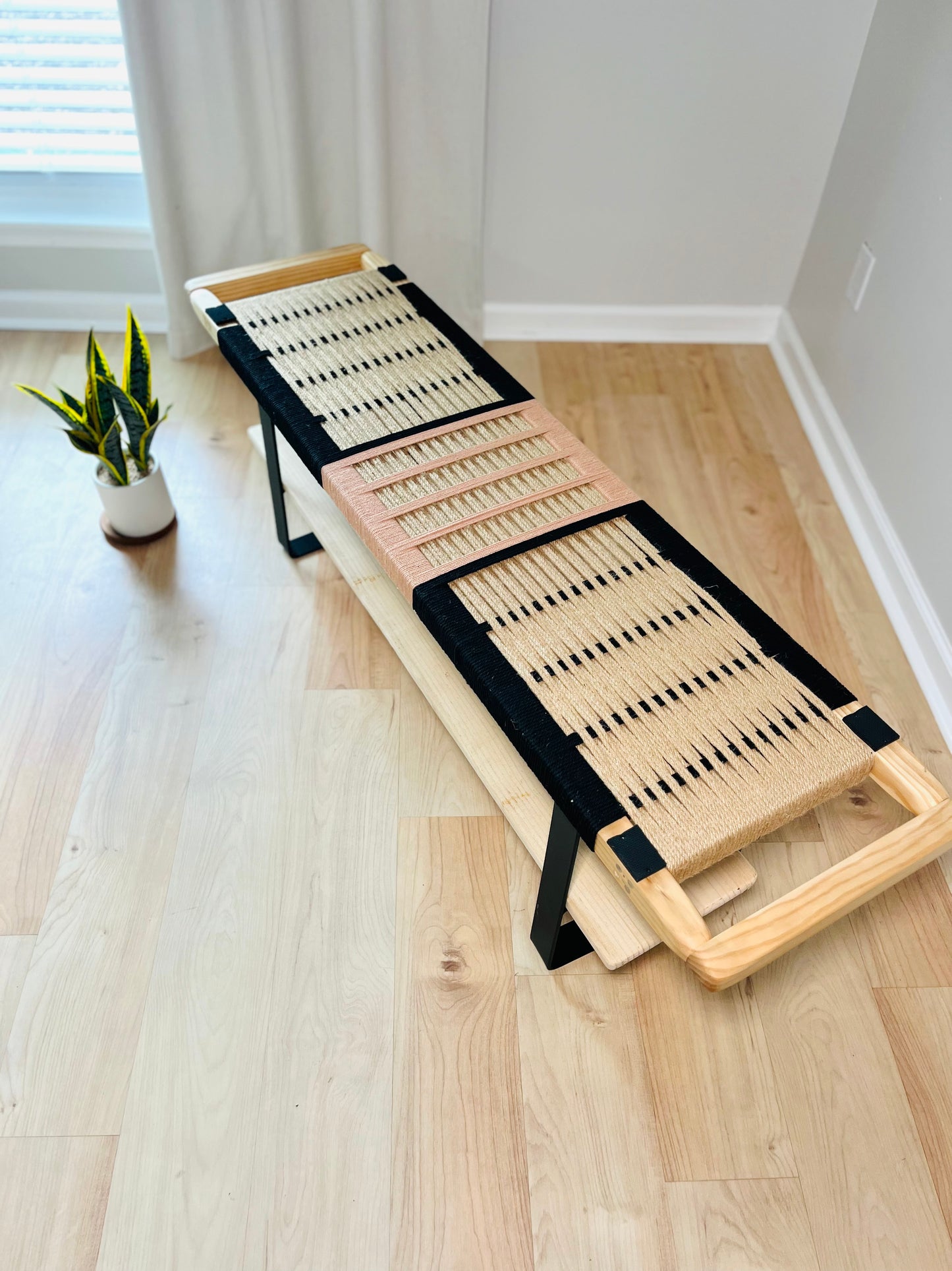 Mid Century Bench | Custom Size Woven Entryway Seating With Matte Black Legs