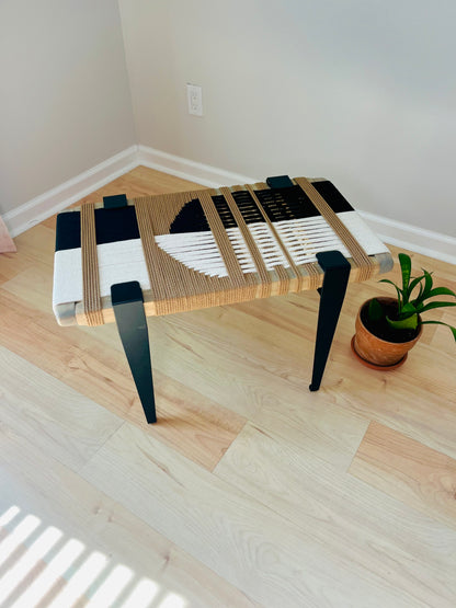 Mid Century Bench | Custom Size Woven Entryway Seating With Matte Black Legs