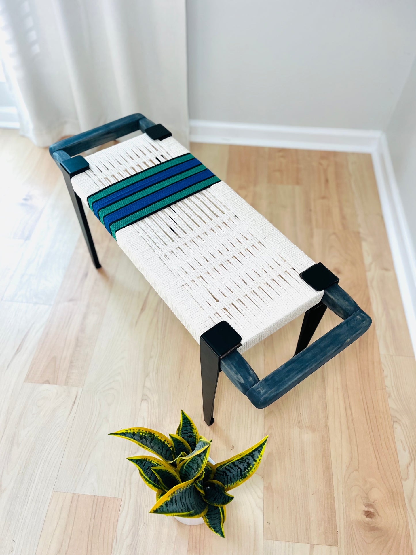 Mid Century Bench | Custom Size Woven Entryway Seating With Matte Black Legs