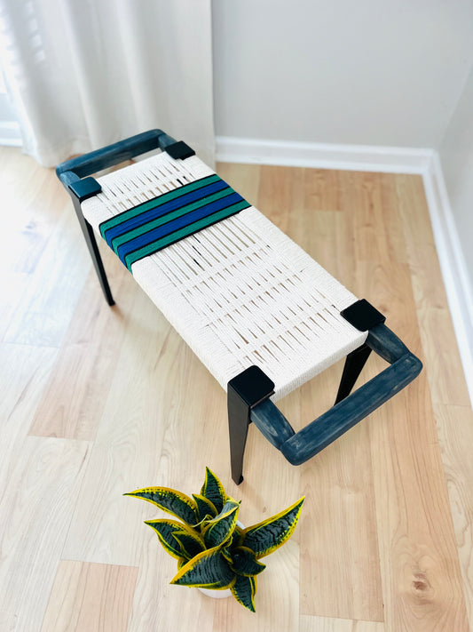 Mid Century Bench | Custom Size Woven Entryway Seating With Matte Black Legs