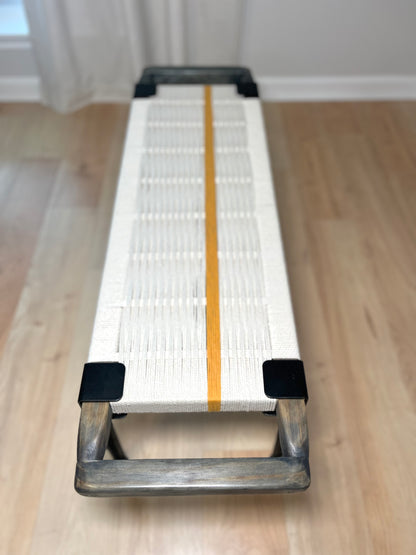 Mid Century Bench | Custom Size Woven Entryway Seating With Matte Black Legs