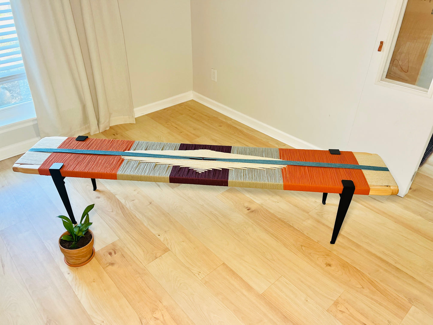 Mid Century Bench | Custom Size Woven Entryway Seating With Matte Black Legs