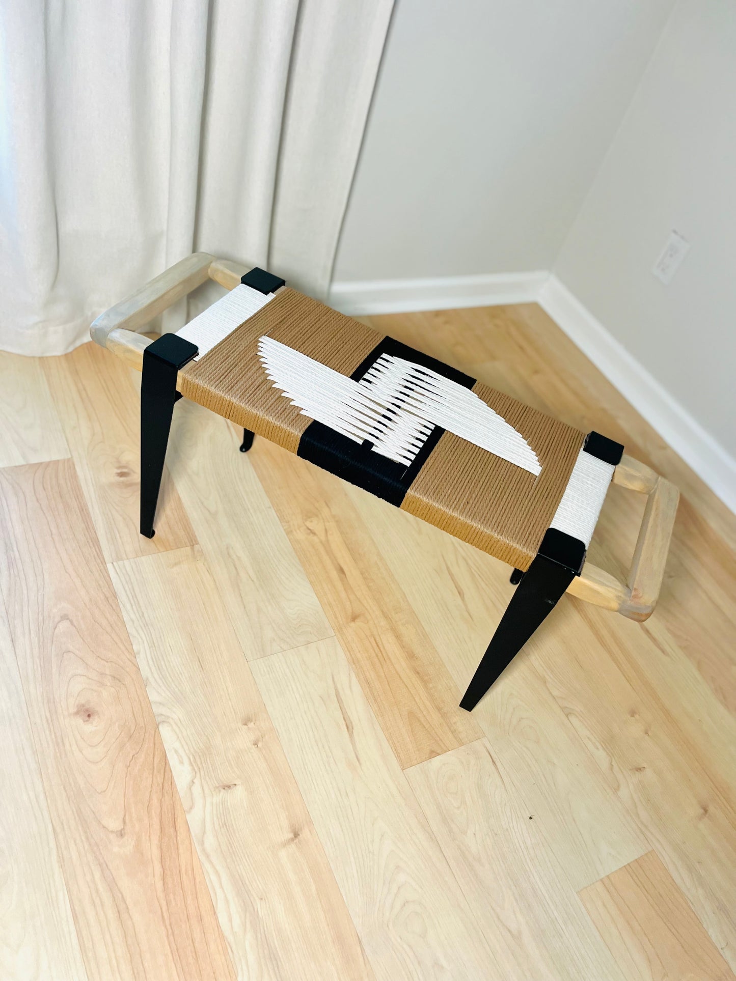 Mid Century Bench | Custom Size Woven Entryway Seating With Matte Black Legs