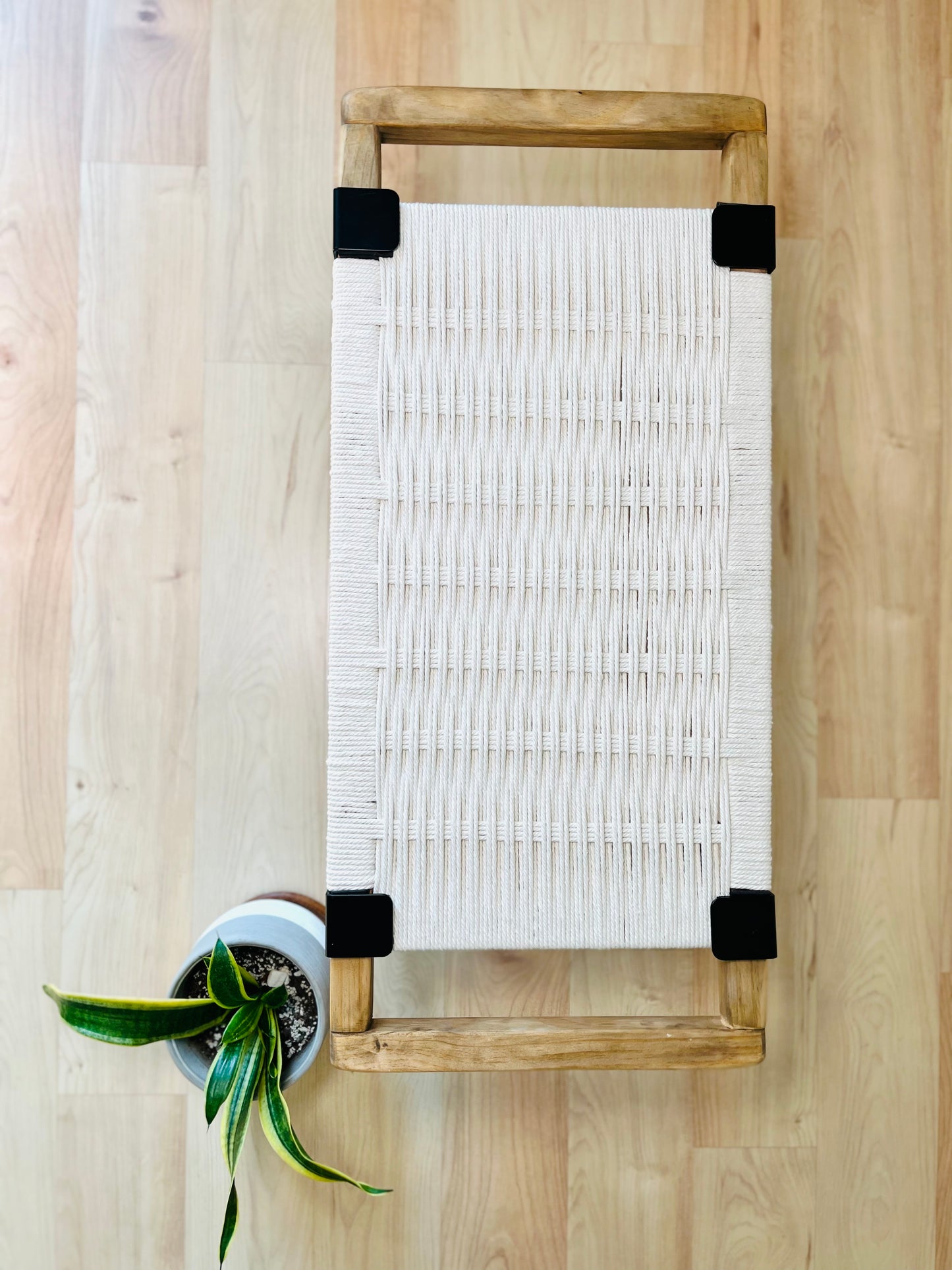 Mid Century Bench | Custom Size Woven Entryway Seating With Matte Black Legs