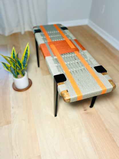 Mid Century Bench | Custom Size Woven Entryway Seating With Matte Black Legs