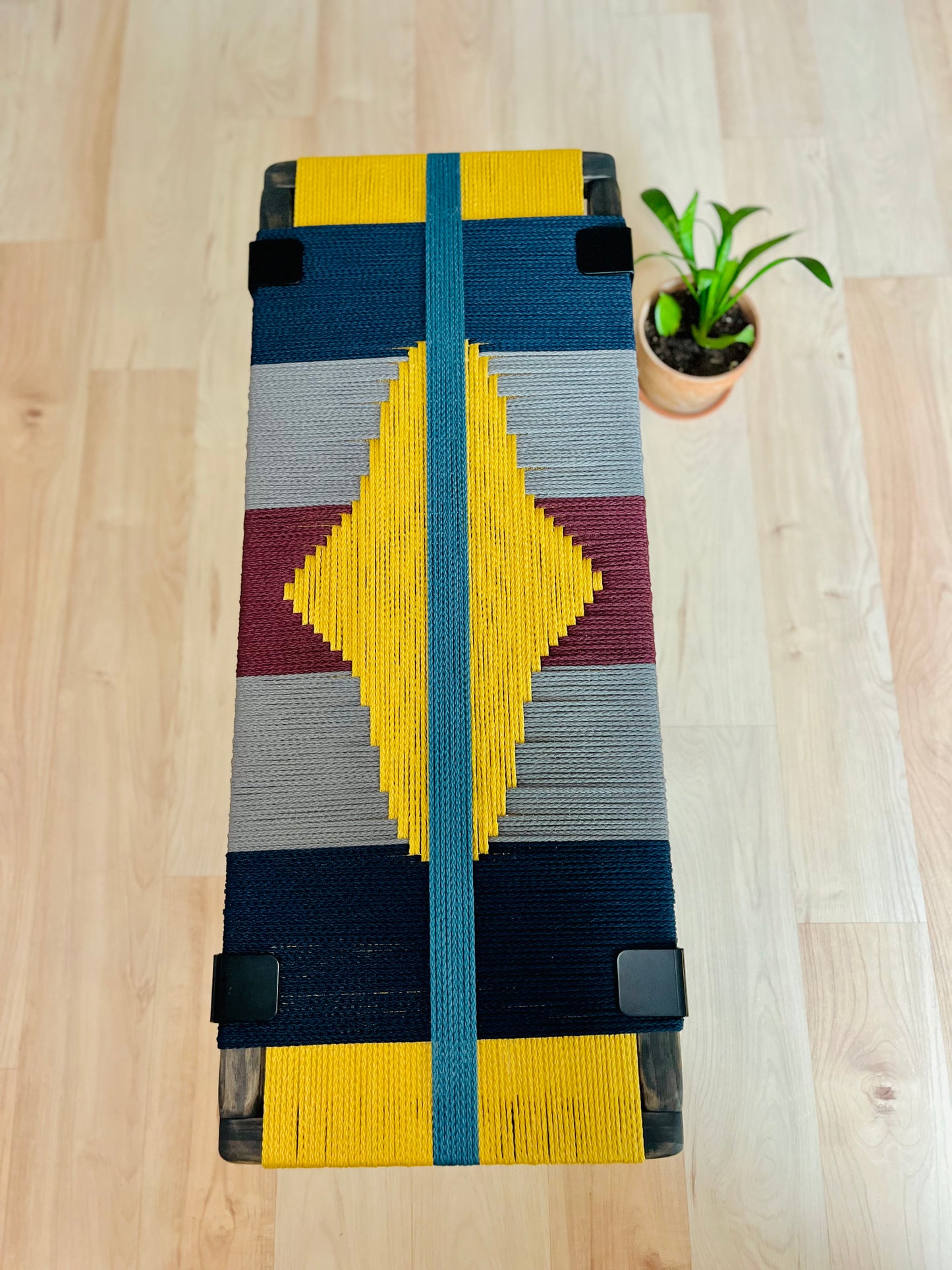 Mid Century Bench | Custom Size Woven Entryway Seating With Matte Black Legs.