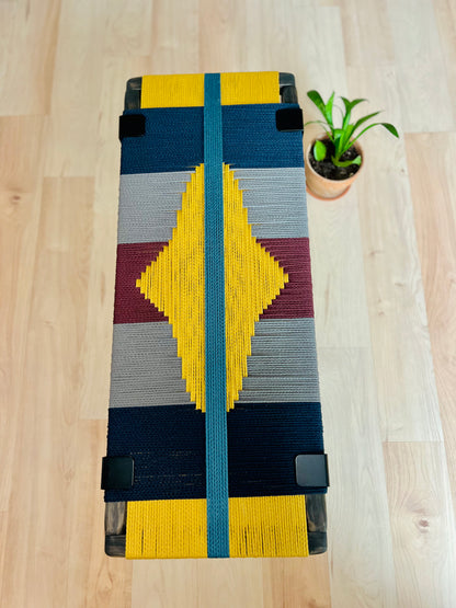 Mid Century Bench | Custom Size Woven Entryway Seating With Matte Black Legs.