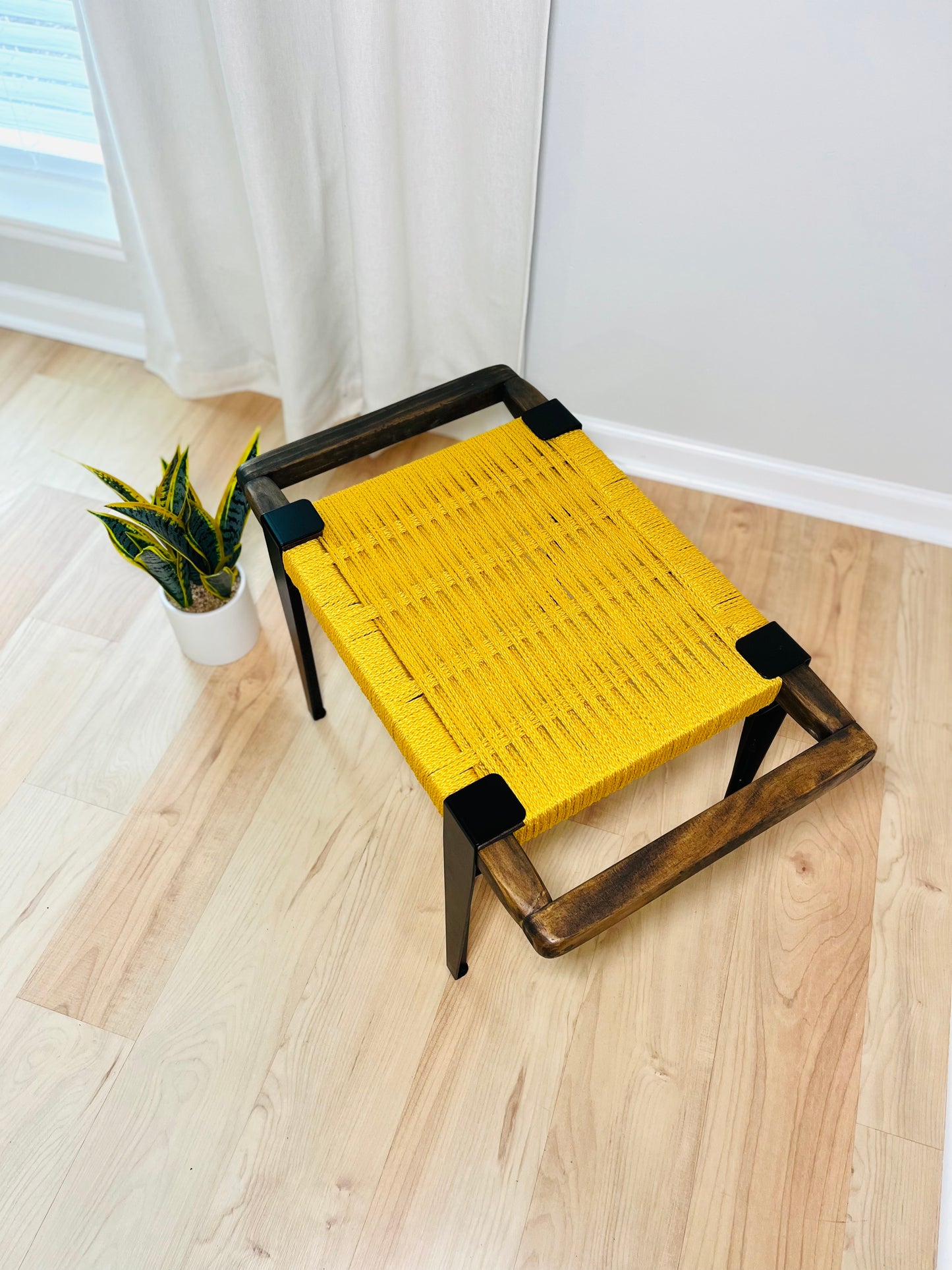 Mid Century Bench | Custom Size Woven Entryway Seating With Matte Black Legs