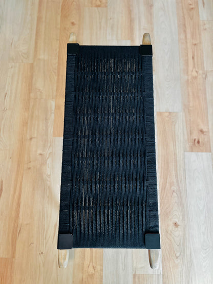 Mid Century Bench | Custom Size Woven Entryway Seating With Matte Black Legs