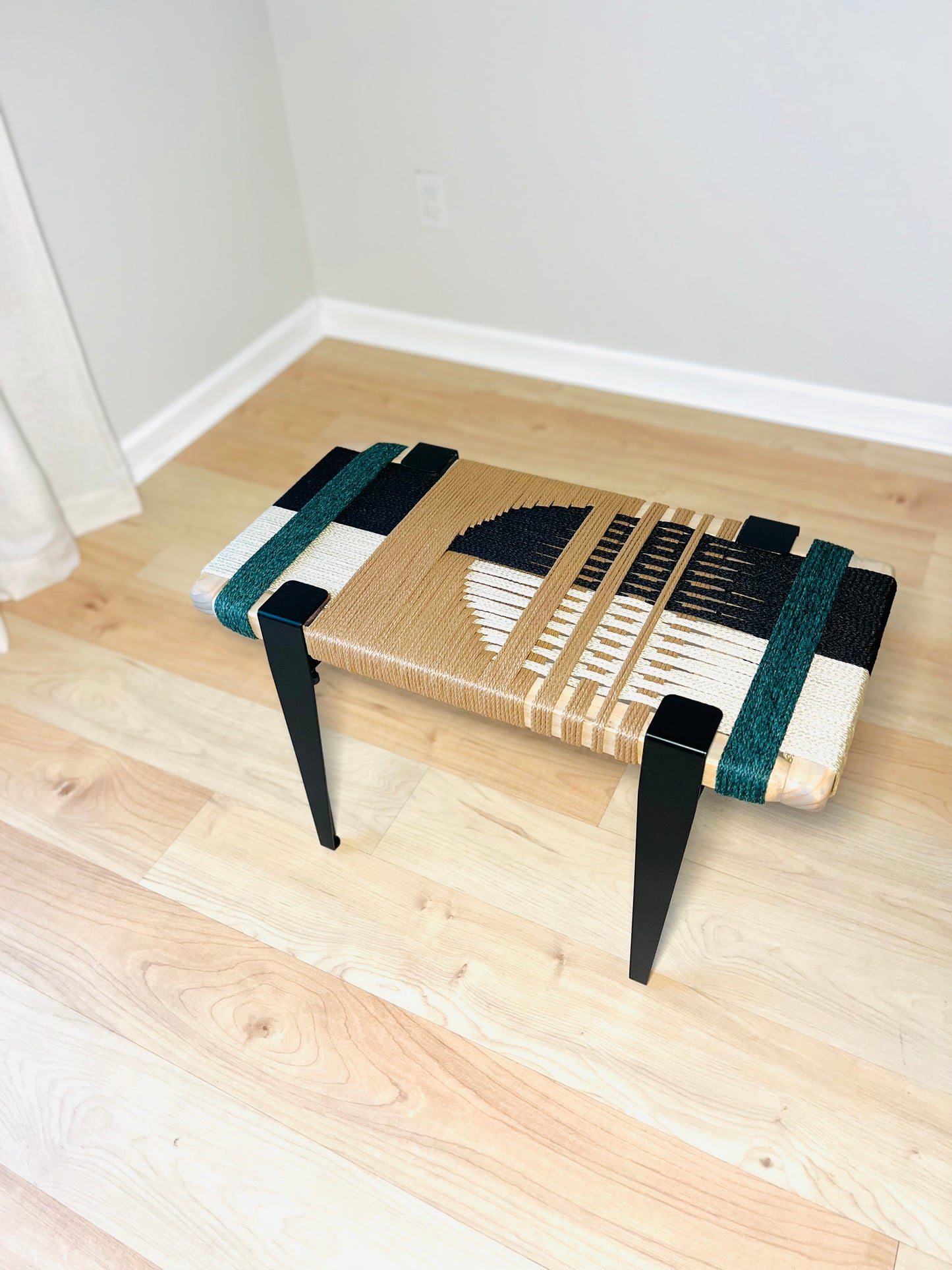 Mid Century Bench | Custom Size Woven Entryway Seating With Matte Black Legs