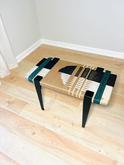 Mid Century Bench | Custom Size Woven Entryway Seating With Matte Black Legs