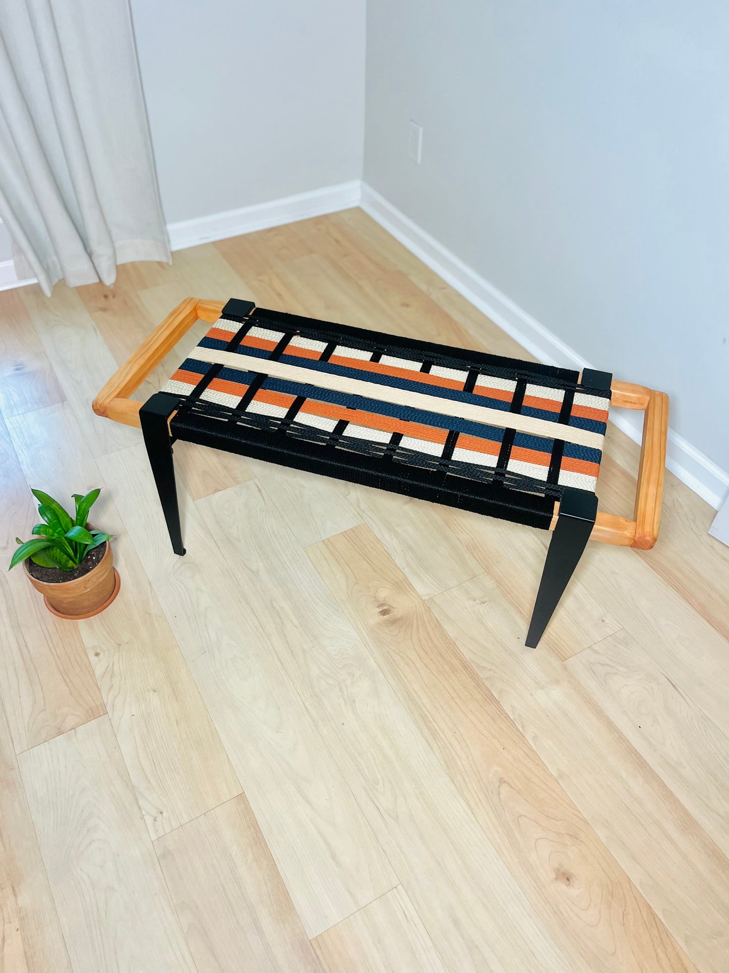 Mid Century Bench | Custom Size Woven Entryway Seating With Matte Black Legs