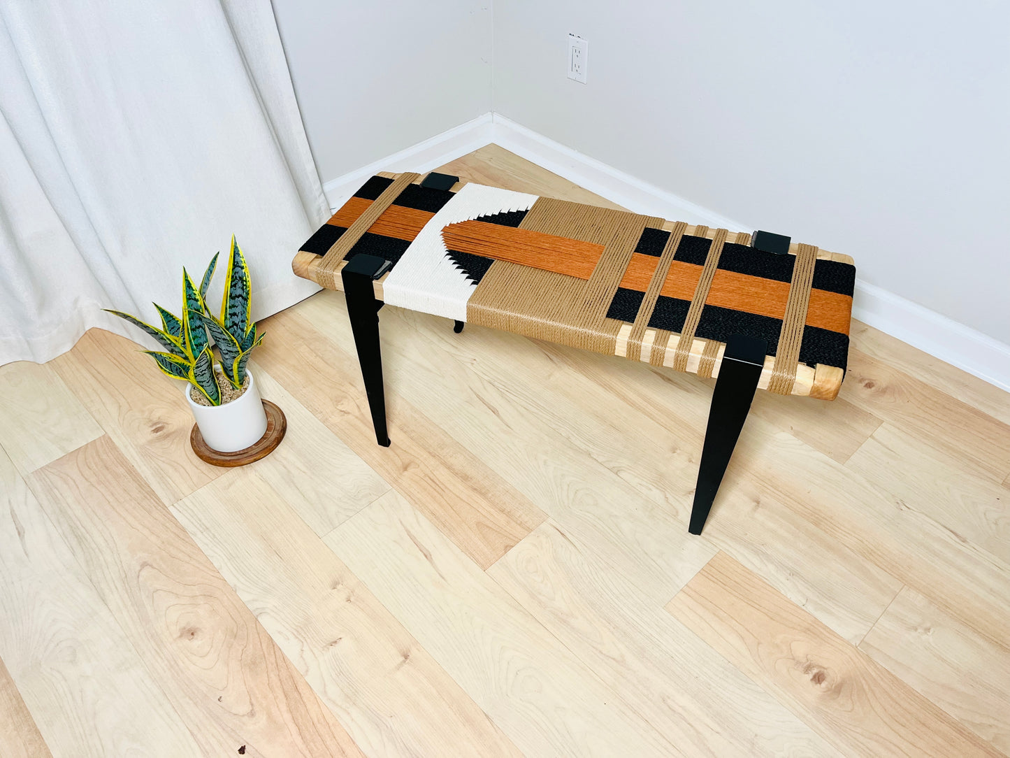 Mid Century Bench | Custom Size Woven Entryway Seating With Matte Black Legs