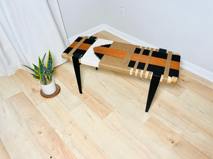 Mid Century Bench | Custom Size Woven Entryway Seating With Matte Black Legs